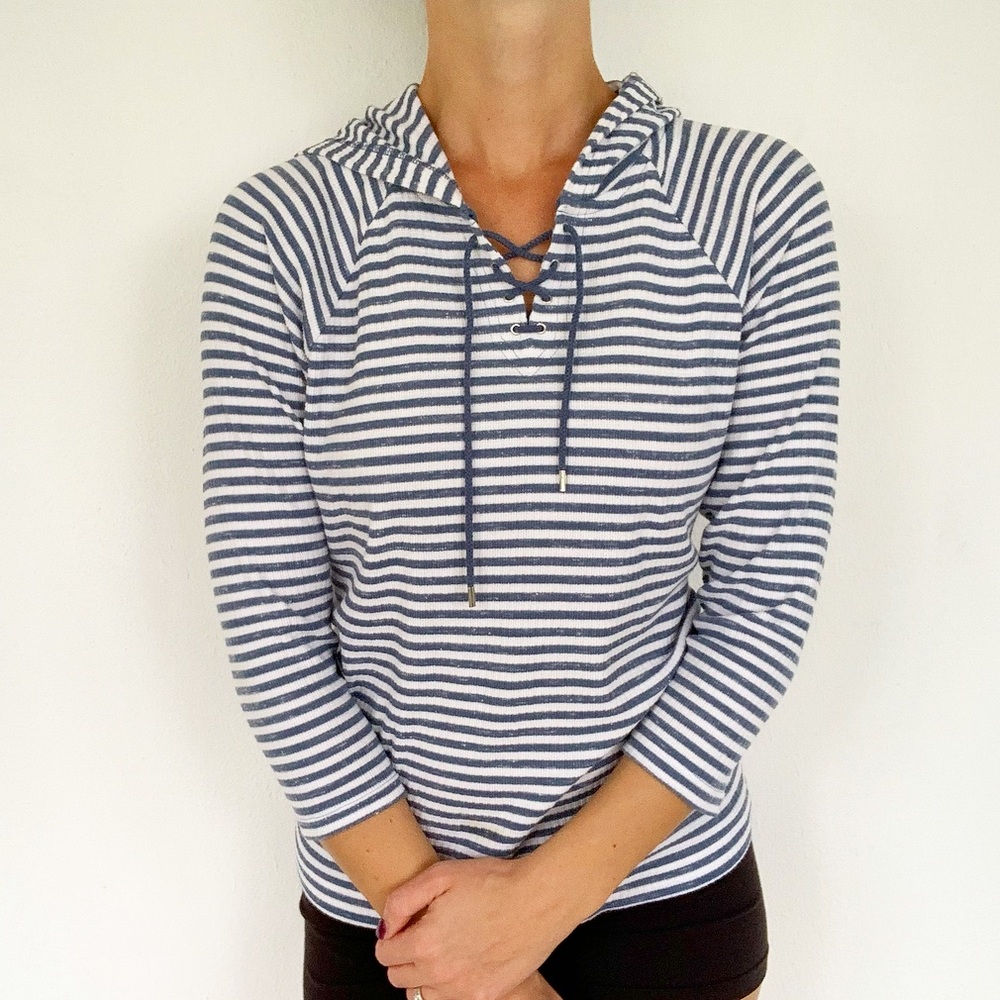 Chaps blue white stripe nautical lace up pullover hoodie size medium